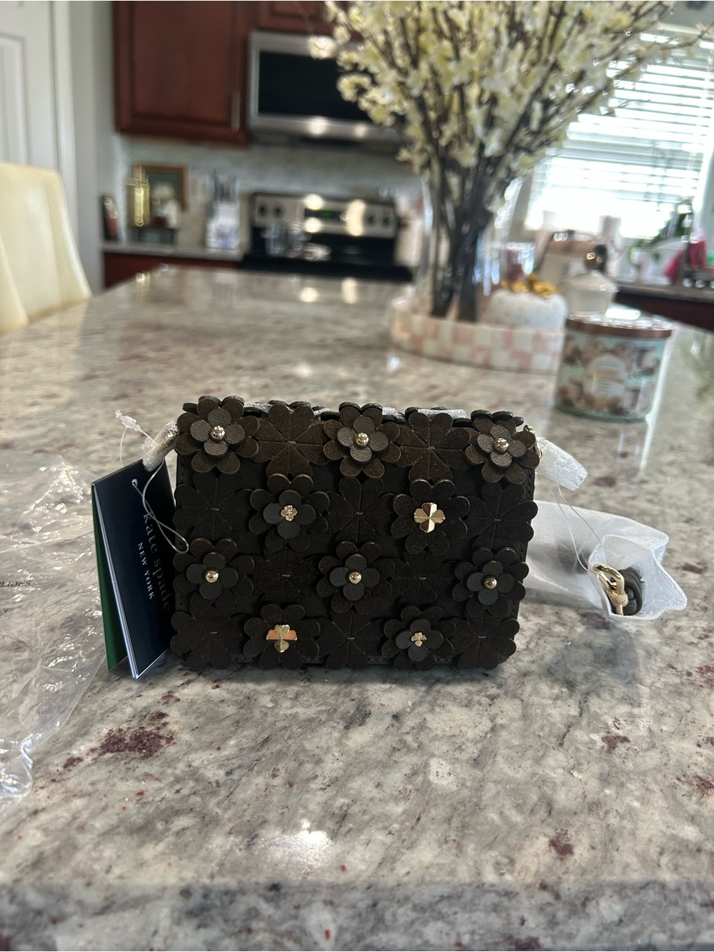 kate spade Suede & Leather Burnt Sage Floral appliqué Top Handle/Clutch Mini Bag